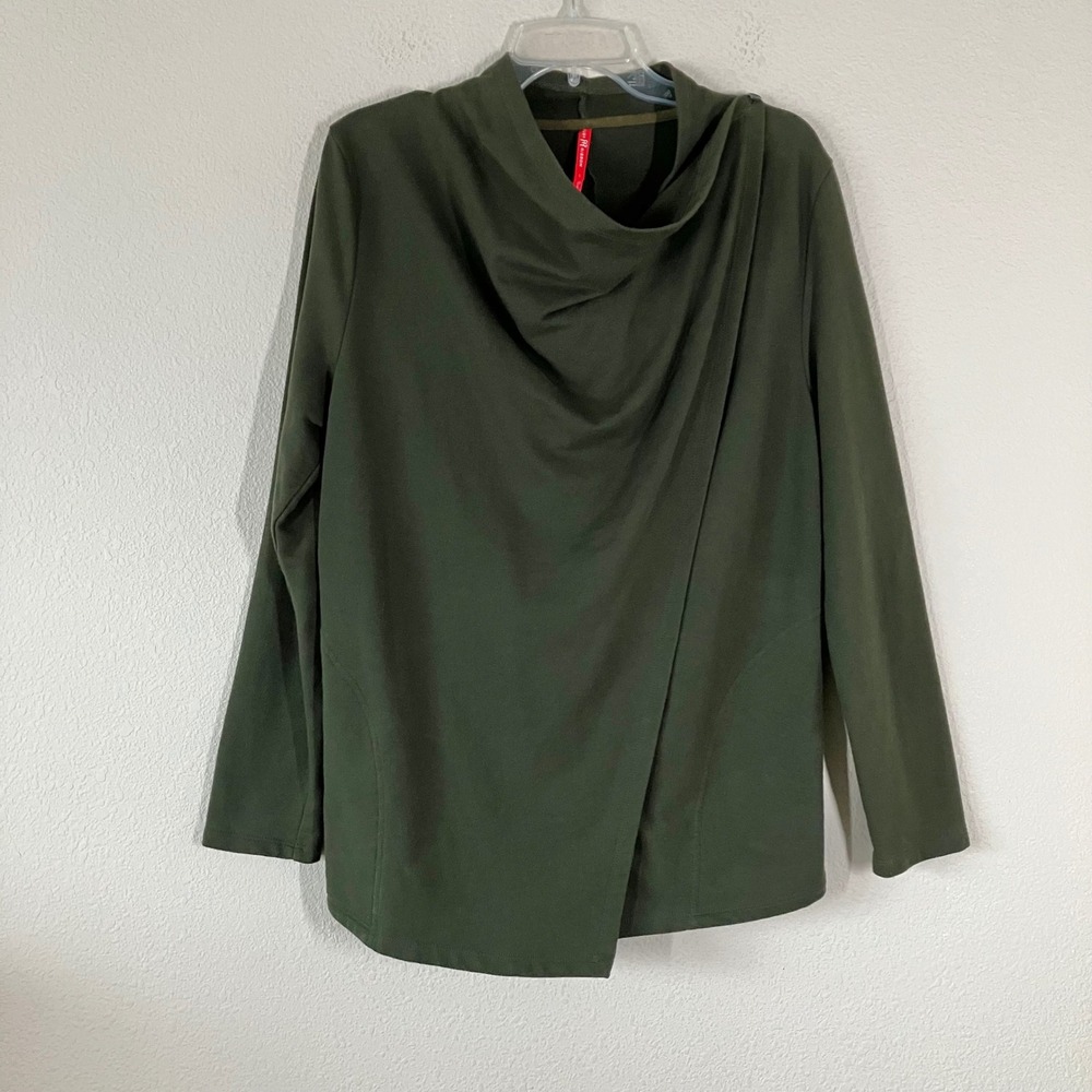 RUBY RIBBON Cardigan Wrap Top L Cowl Neck Peplum Pockets Office Travel Olive